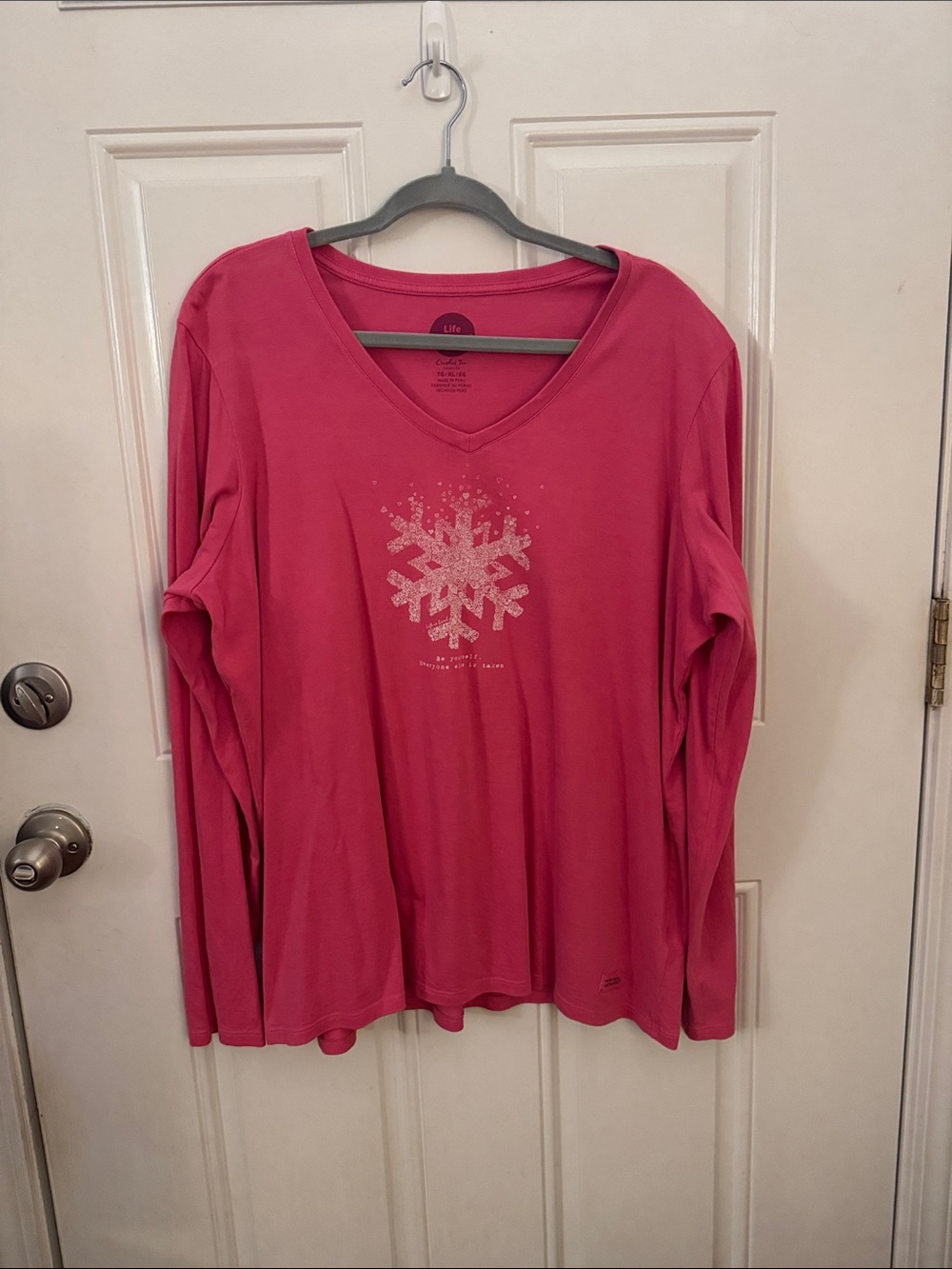 Life Is Good Pink V-Neck Long Sleeve Top with Sparkle Snowflake